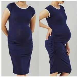 Navy T Shirt Dress Women LARGE Ruched Stretch Maternity USA Made PREETI NANDANAR